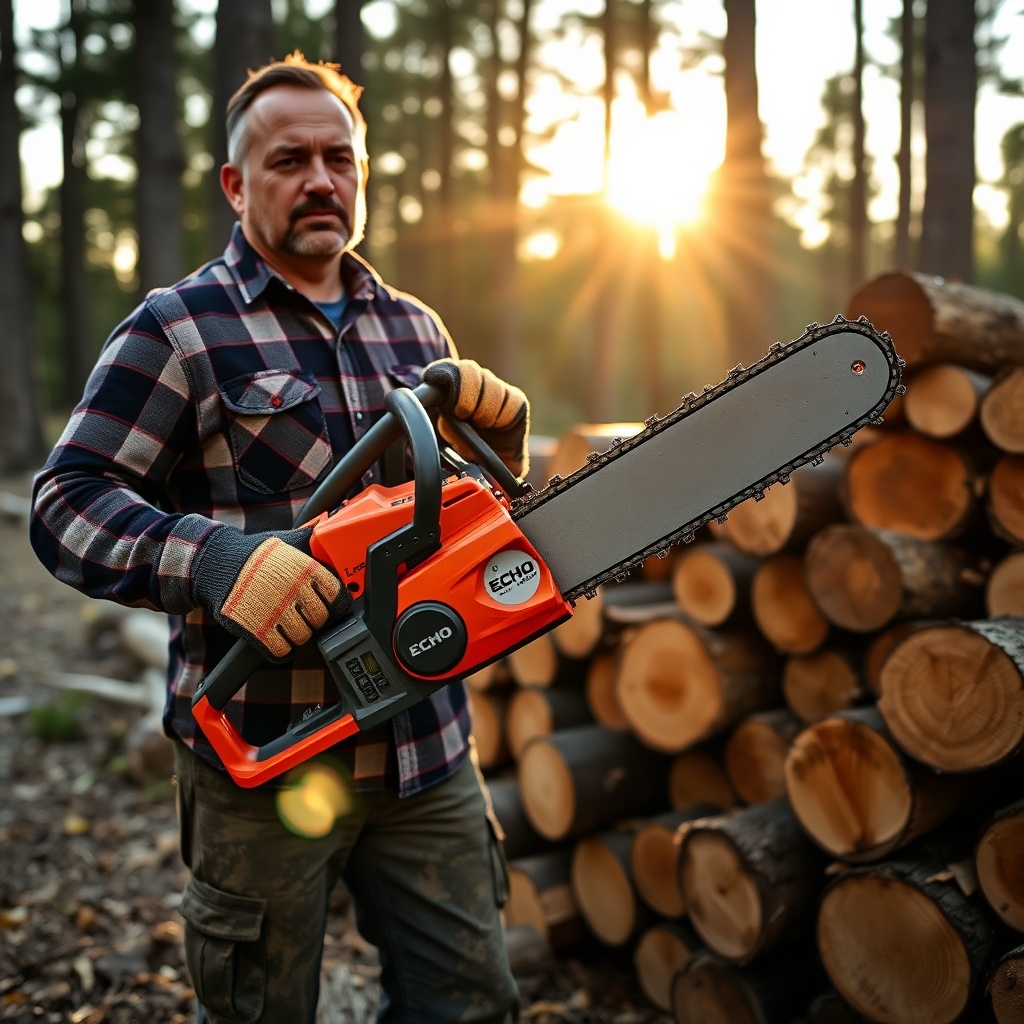 A man in a flannel shirt and work gloves stands next to a split log pile