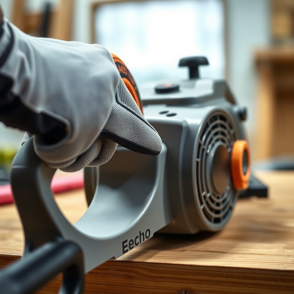 Close-up of a gloved hand pressing the primer bulb on an Echo CS-590