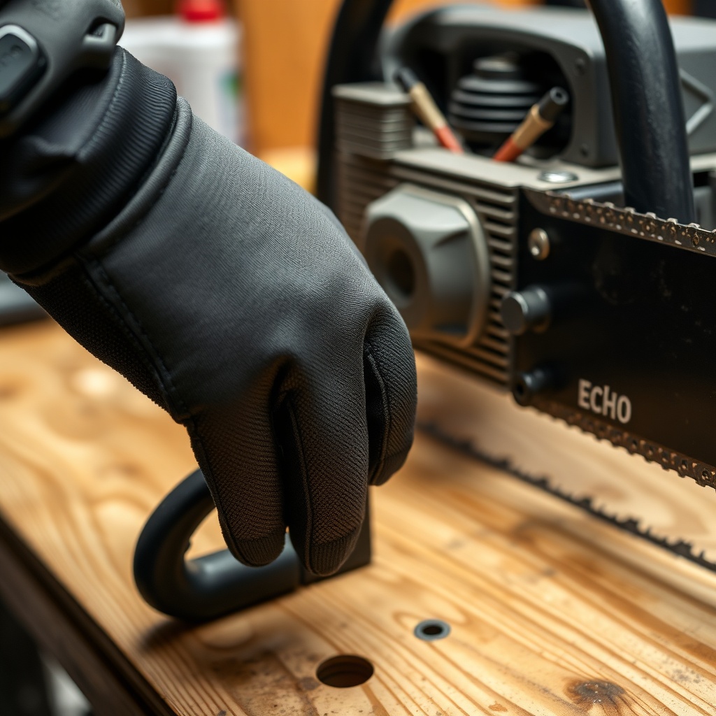 A close-up of a mechanic's gloved hand pressing the purge bulb on an Echo CS-590 Timber Wo