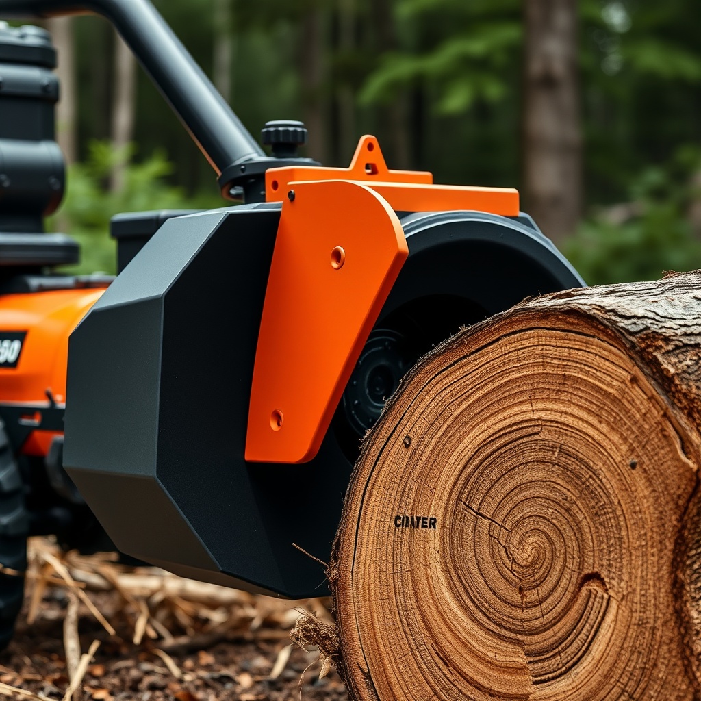 <clean photorealistic photo of an Echo CS-590 Timber Wolf cutting a large oak log with the