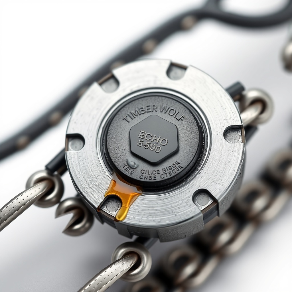 <Photorealistic macro shot of Echo CS-590 Timber Wolf oil cap and chain showing fresh bar