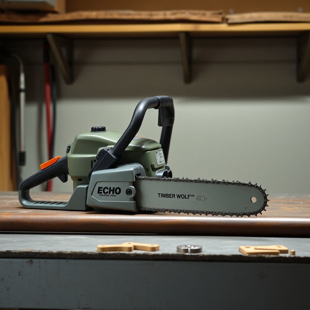 <clean photorealistic photo of an Echo CS-590 Timber Wolf with a 20-inch bar and chain