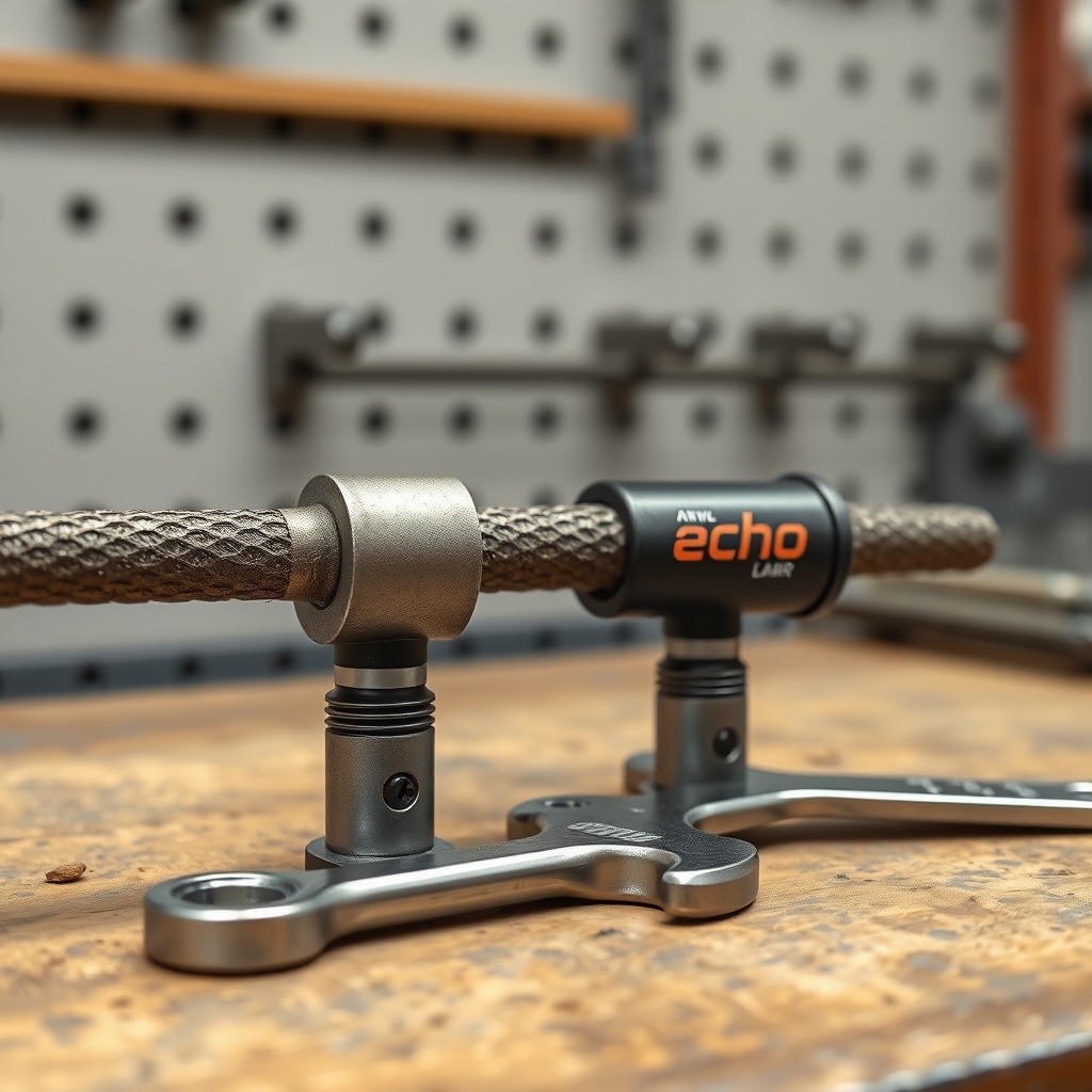 <clean photorealistic photo of a worn guide bar next to a new OEM Echo bar on a workbench