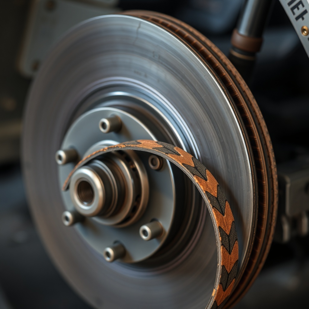 A clean photorealistic photo showing a worn brake band removed from an Echo CS-590 Timber