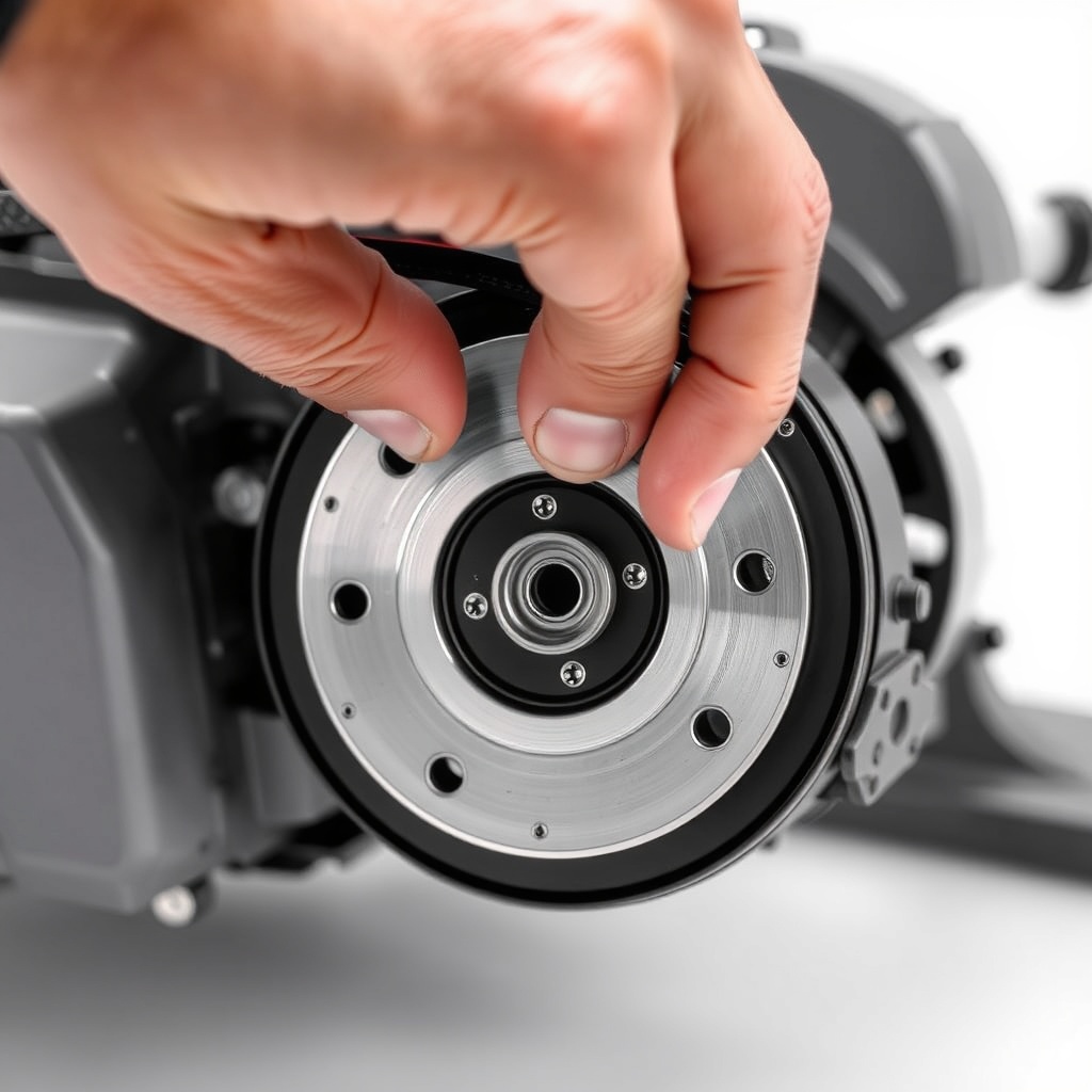 A clean photorealistic photo of a hand correctly aligning a new brake band with a notch on