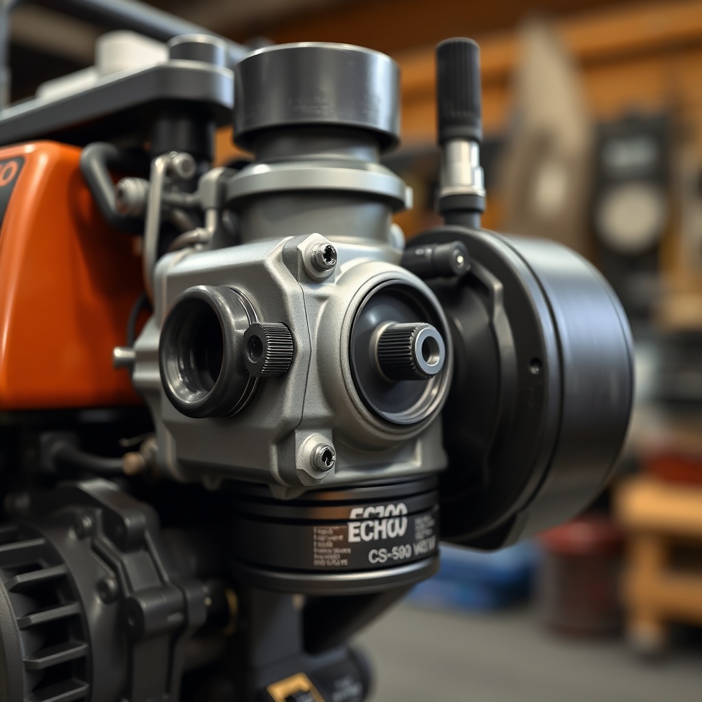Side profile of an Echo CS-590 Timber Wolf showing the carburetor adjustment screws behind