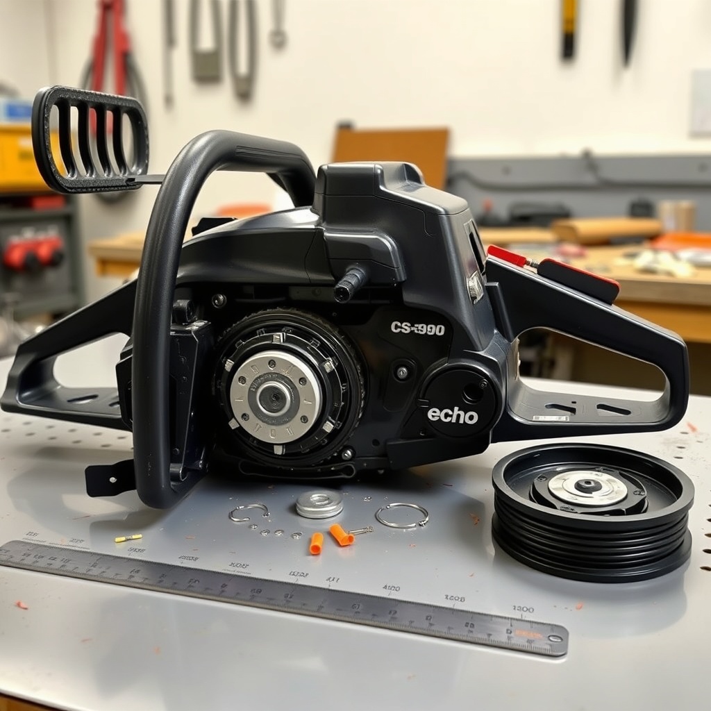 <photorealistic photo of a workshop table with an Echo CS-590 Timber Wolf chainsaw disasse