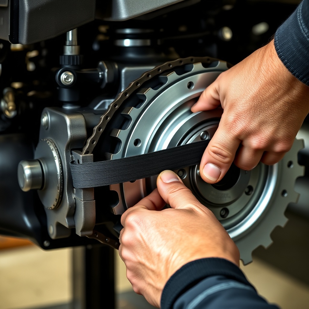 <photorealistic photo of a mechanic's hands installing a new Echo chain brake band onto a