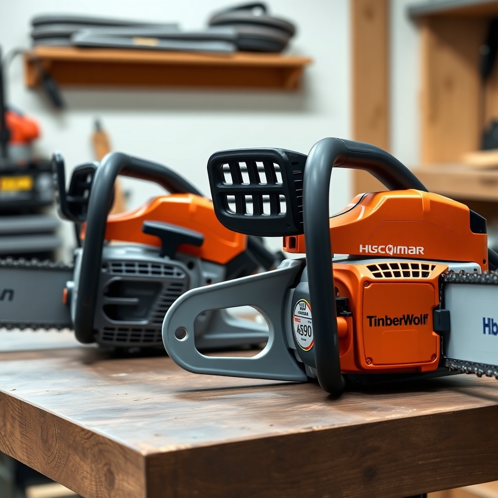 A clean photorealistic side-angle photo of two chainsaws—Echo CS-590 Timber Wolf and Husqv