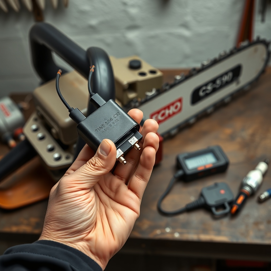 A clean photorealistic photo of a technician's hand holding a black ignition coil with two