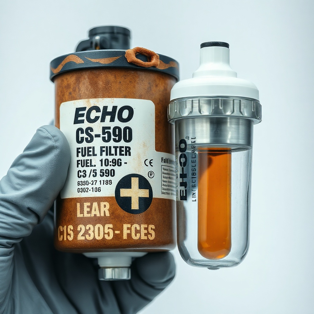 <A photorealistic close-up of a gloved hand holding a dirty Echo CS-590 fuel filter next t