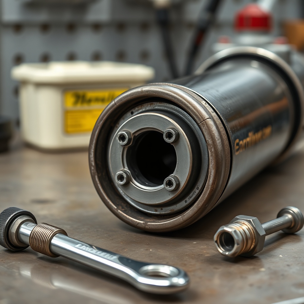 Close-up photorealistic photo of a disengaged Echo CS-590 Timber Wolf muffler on a workben