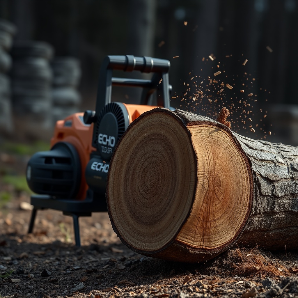Photorealistic photo of an Echo CS-590 Timber Wolf mid-cut through a 12-inch oak log