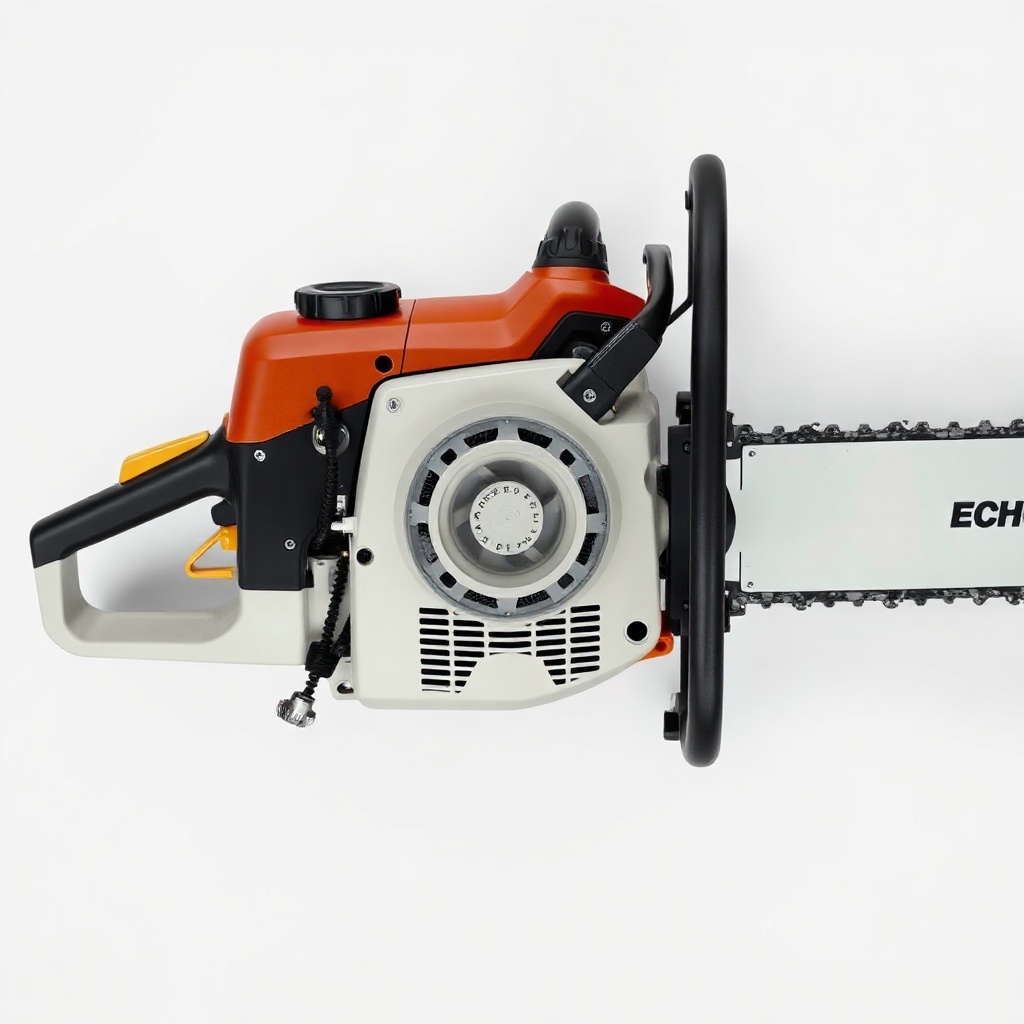 A clean photorealistic top-down view of an Echo CS-590 Timber Wolf chainsaw with the side