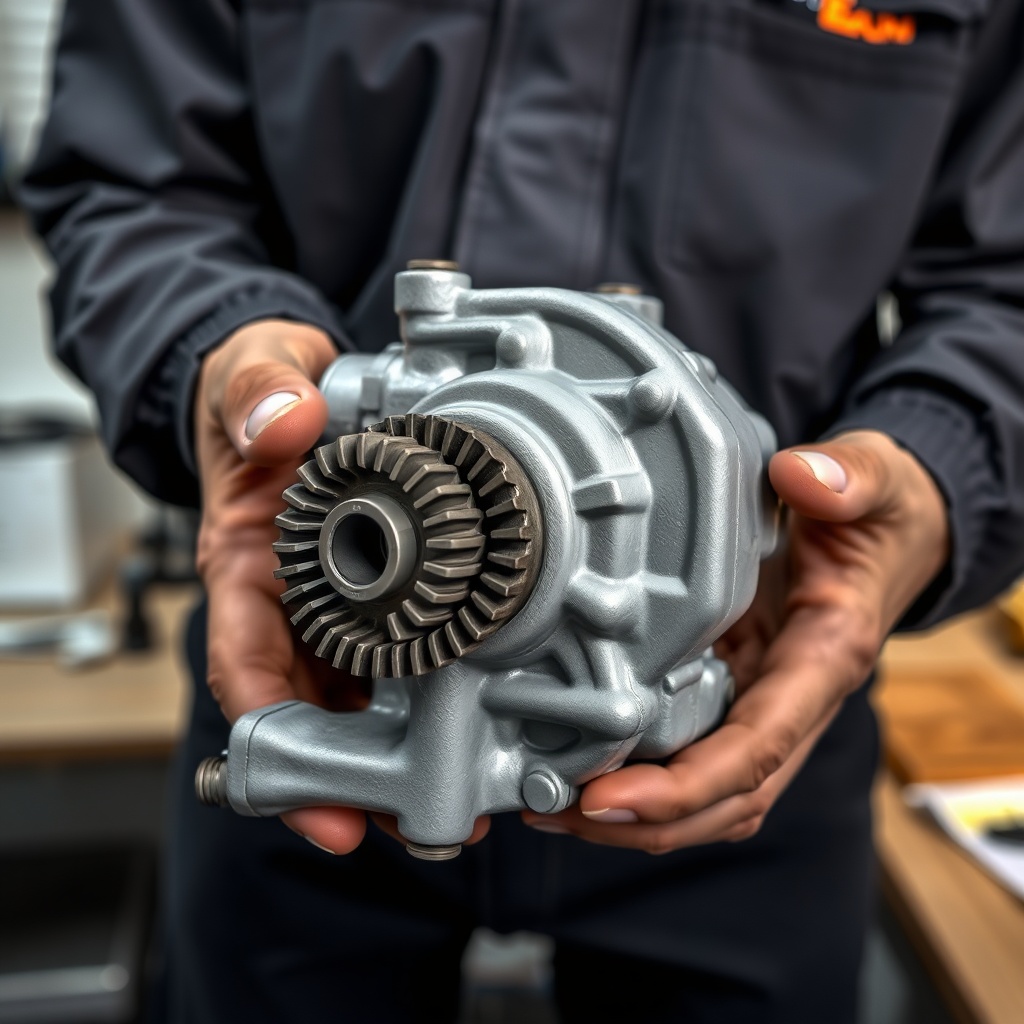 A photorealistic close-up of a technician's hands holding a gray Echo CS-590 oil pump asse
