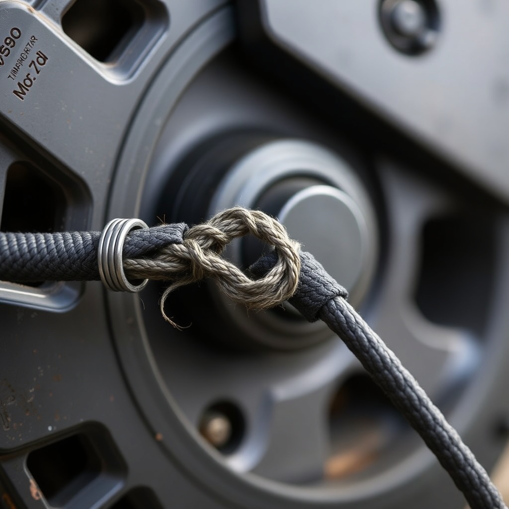 Close-up of a broken recoil starter cord on an Echo CS-590 Timber Wolf