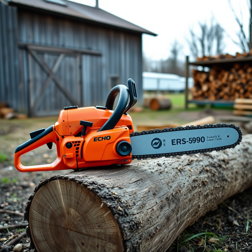A clean photorealistic photo of an Echo CS-590 Timber Wolf chainsaw resting on a split log
