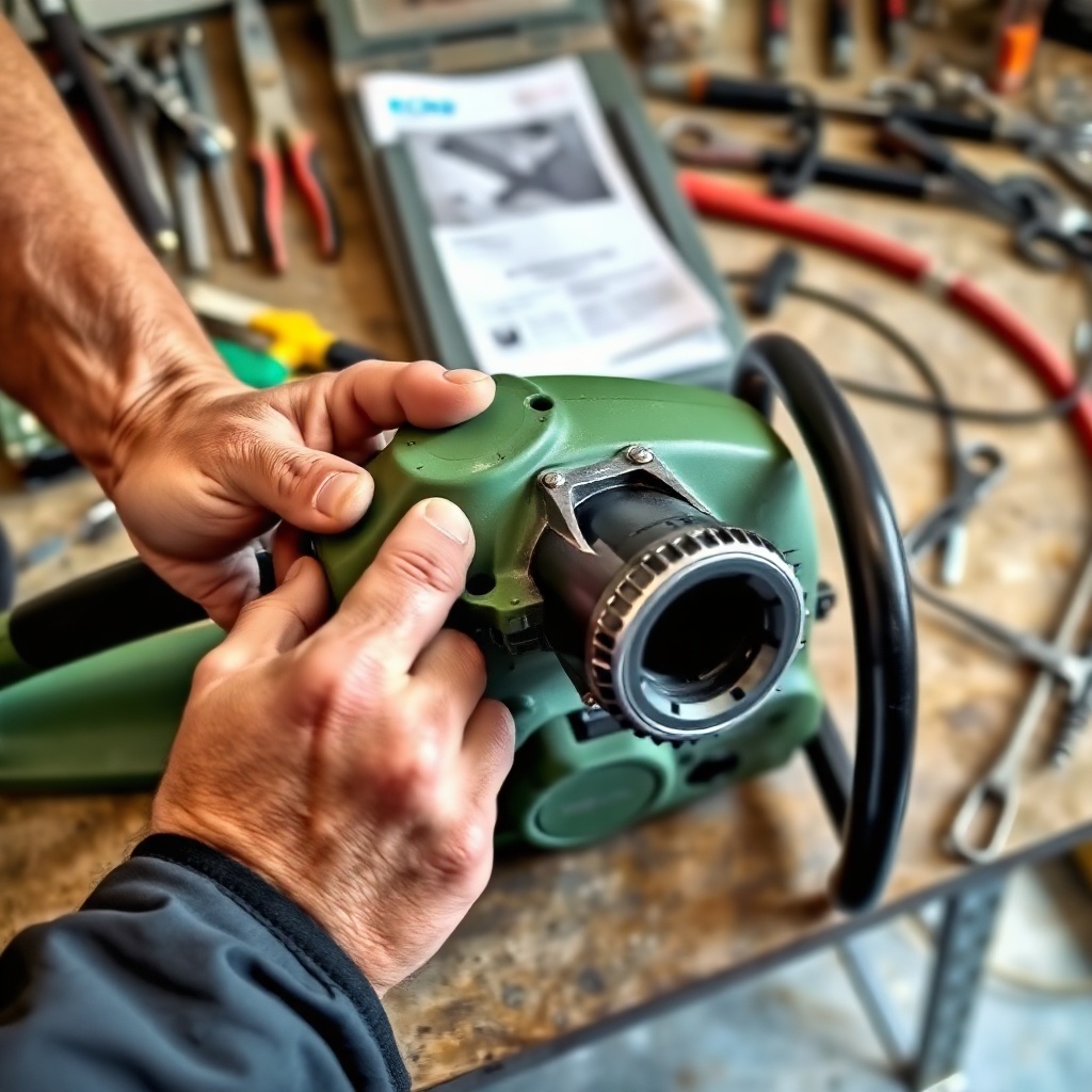 A clean photorealistic photo of a farm mechanic’s hands holding a green Echo CS-590 Timber