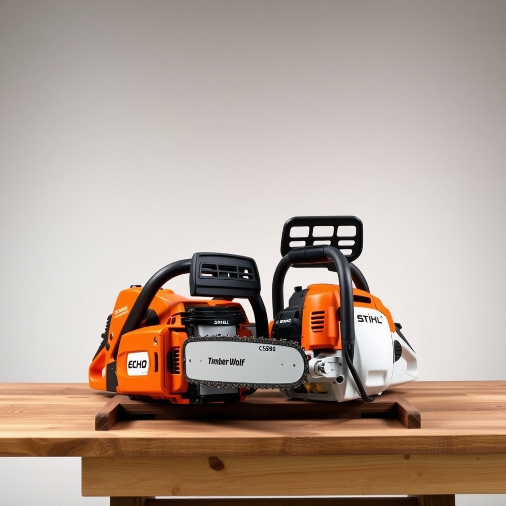 A photorealistic side-by-side comparison of an Echo CS-590 Timber Wolf and a Stihl MS 261