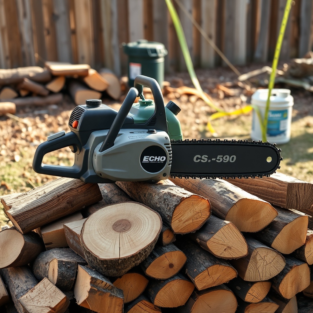 A clean photo of an Echo CS-590 Timber Wolf resting on a pile of freshly cut split hardwoo