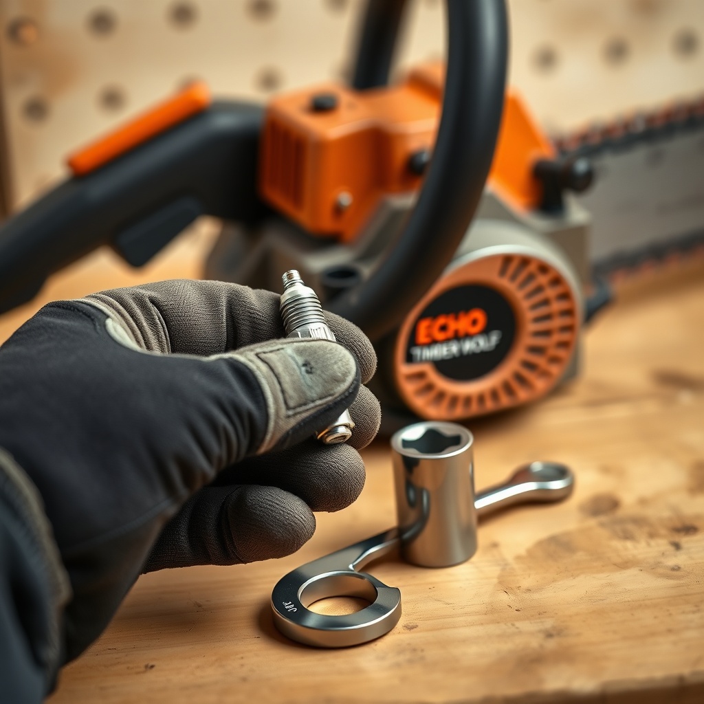A photorealistic close-up of a mechanic's gloved hand holding an Echo CS-590 Timber Wolf s