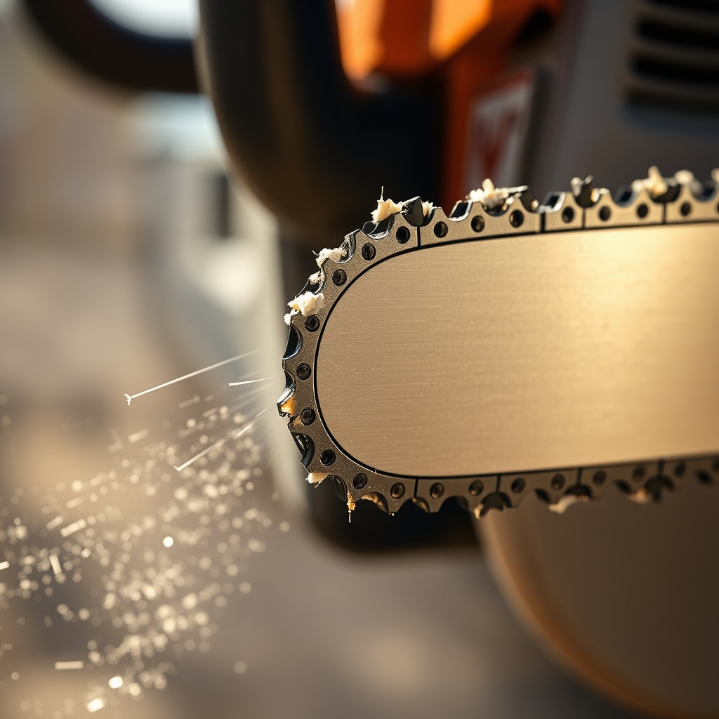 A close-up photorealistic image of a sharp Husqvarna 460 Rancher chain cutter tooth glinti