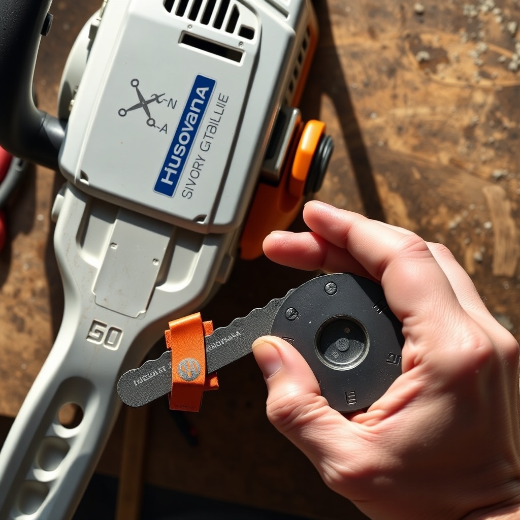 A photorealistic overhead view of a Husqvarna 460 Rancher bar and chain on a workbench