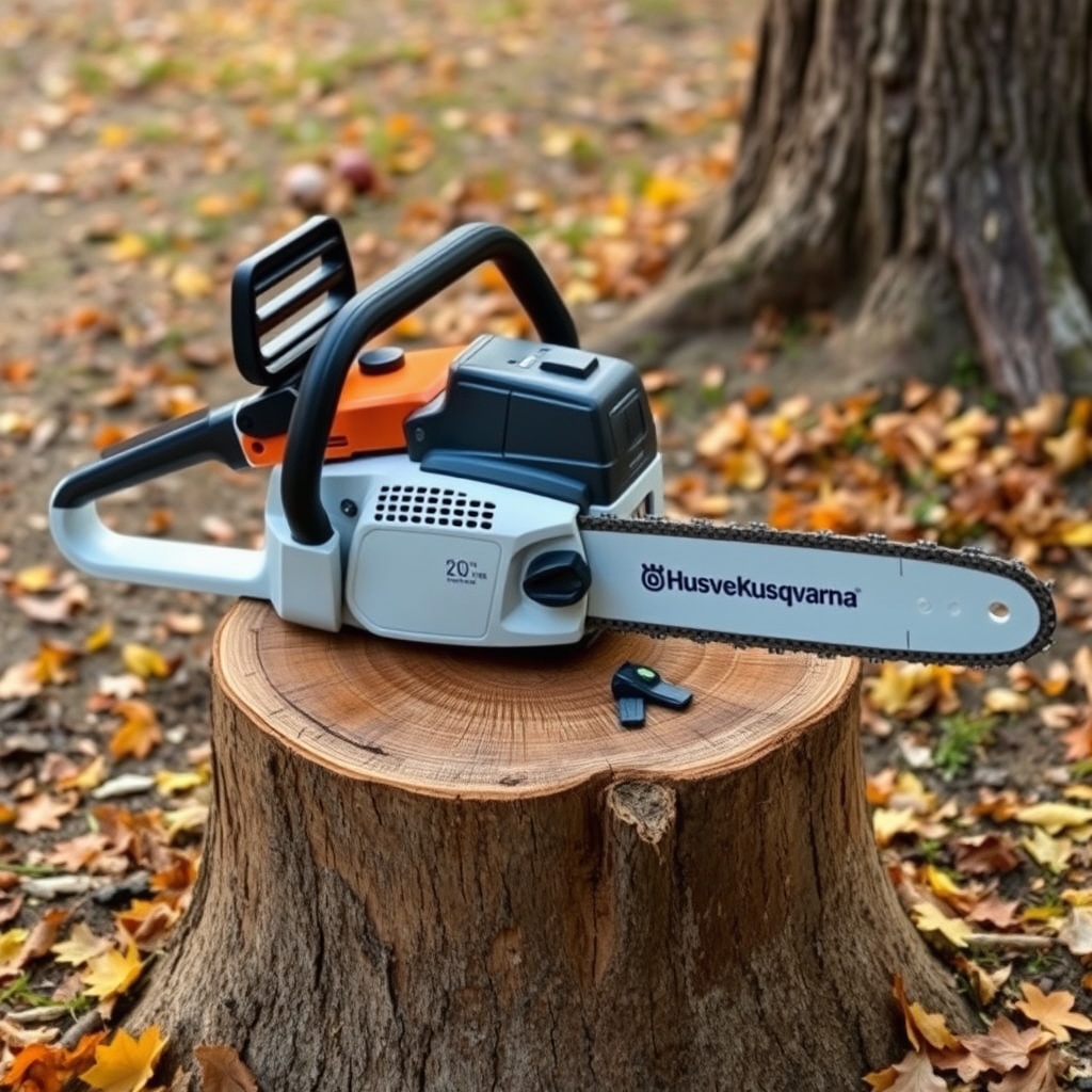 A Husqvarna 460 Rancher chainsaw sitting on a freshly cut oak stump