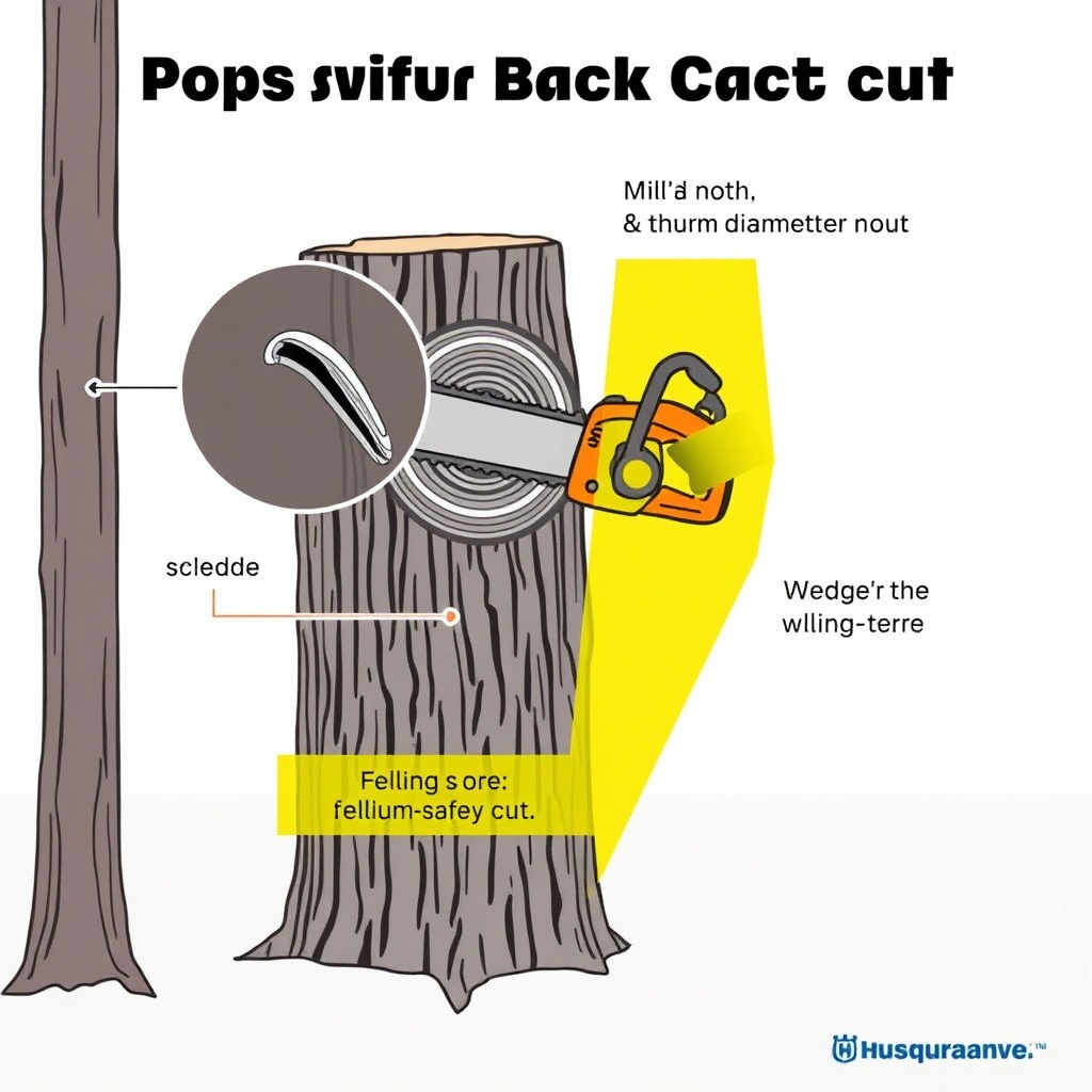A diagram-style illustration showing a Husqvarna 460 Rancher making a proper back cut on a