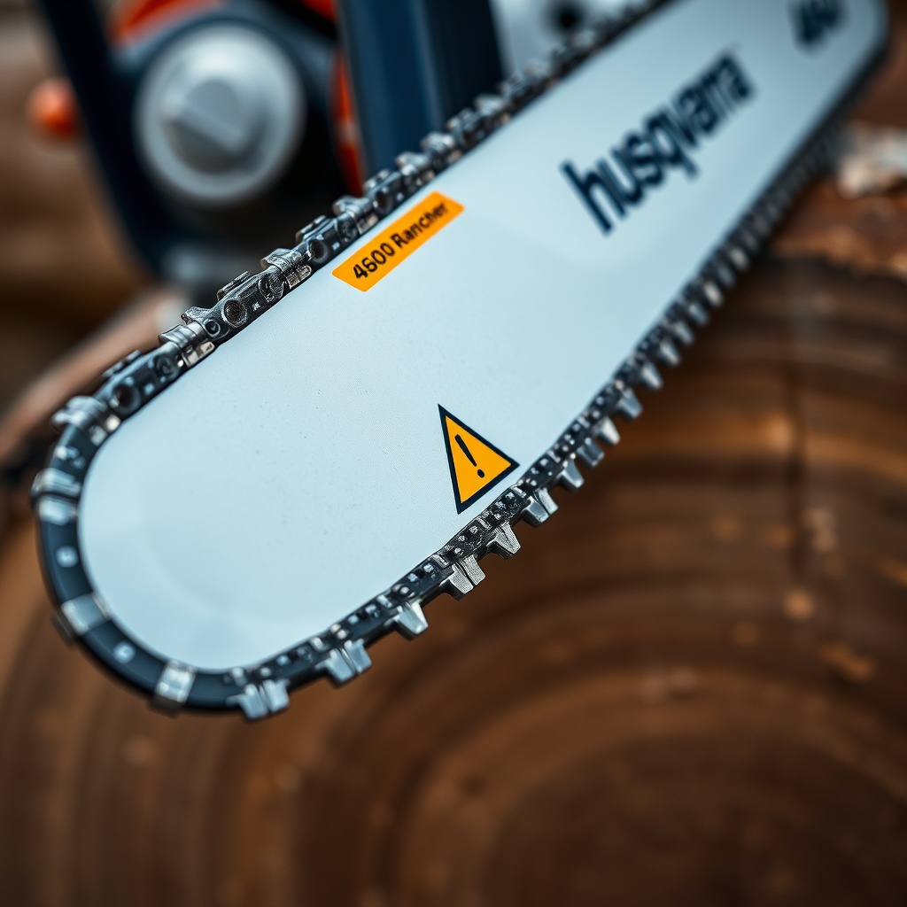 An extreme close-up macro shot of the bar nose of a Husqvarna 460 Rancher showing the chai