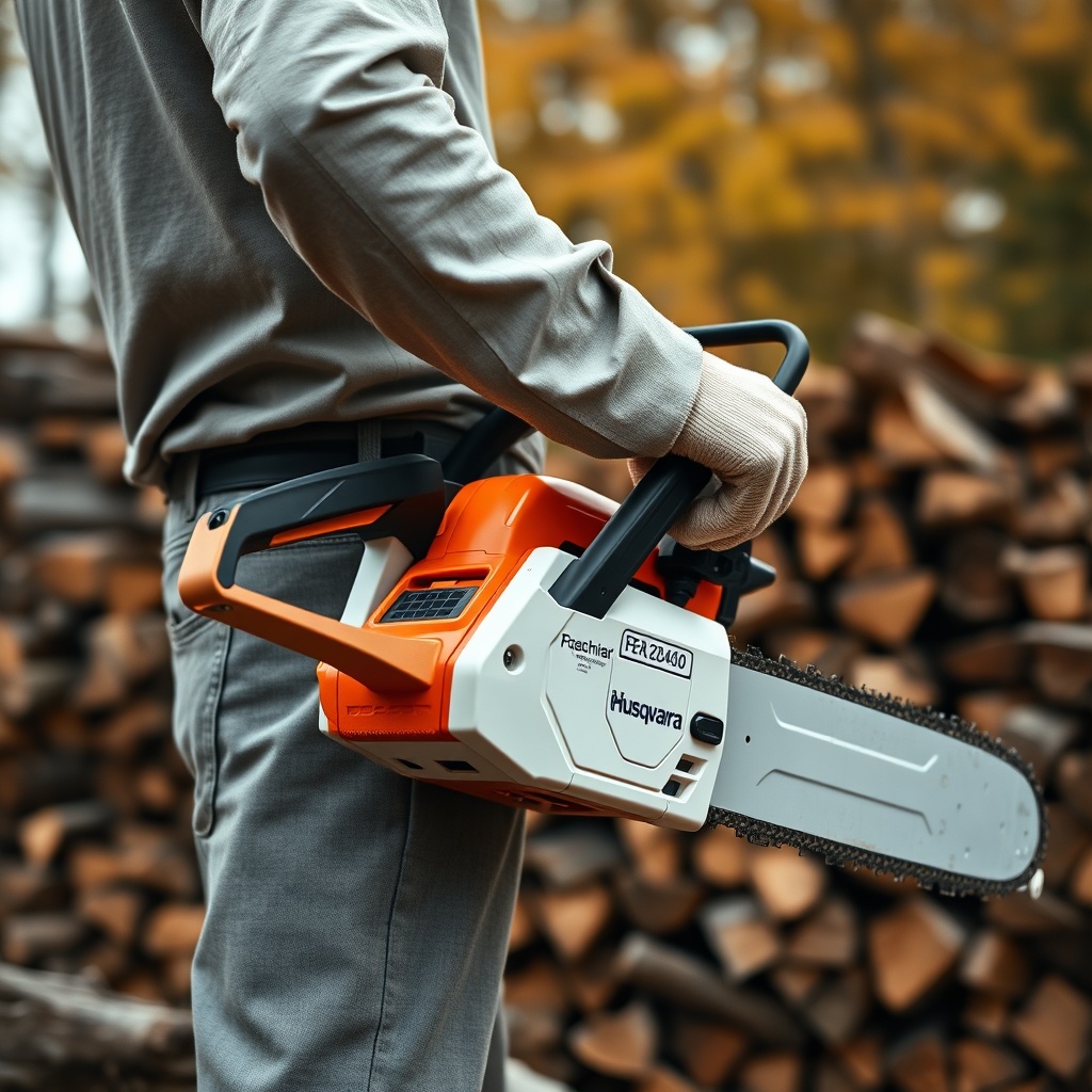 A rear oblique angle of a male operator gripping a Husqvarna 460 Rancher with proper form: