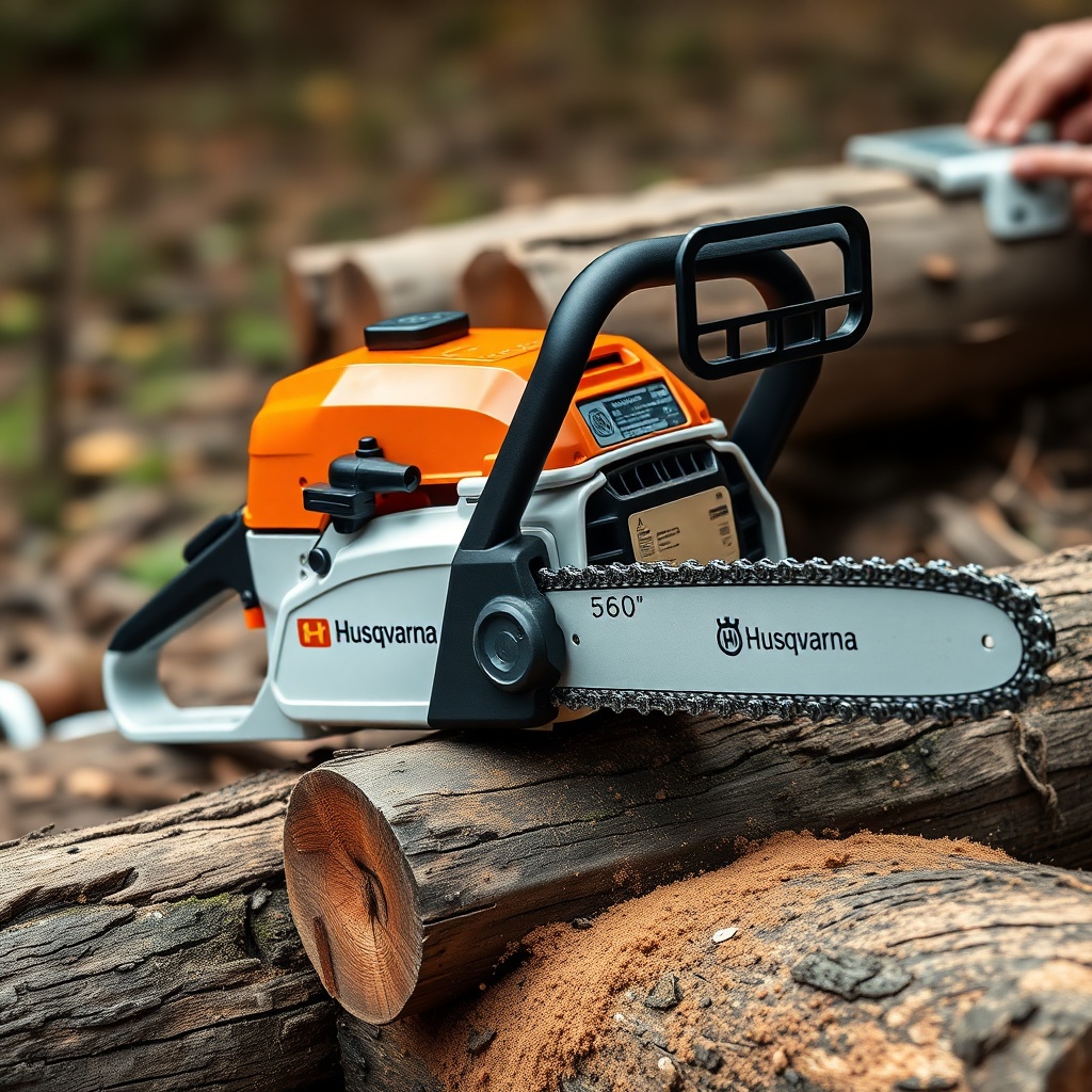 <clean photorealistic photo of a Husqvarna 460 Rancher with a 20-inch bar and chain restin