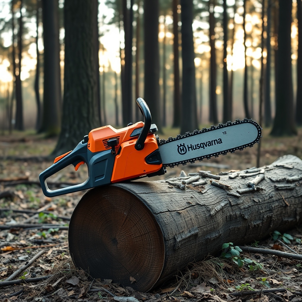 <clean photorealistic photo of a Husqvarna 460 Rancher with an 18-inch bar resting on a cu