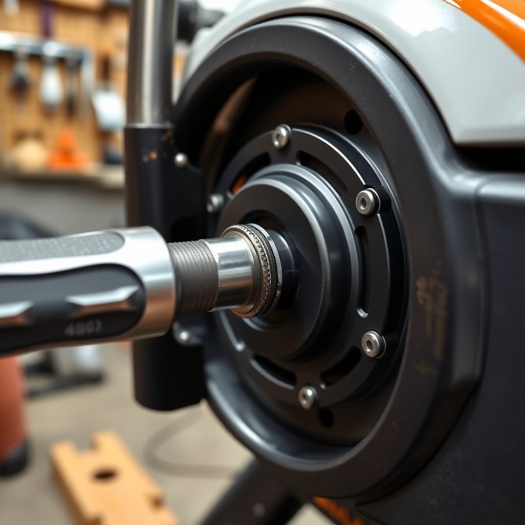 Close-up of a torque wrench being applied to the bar nut on a Husqvarna 460 Rancher