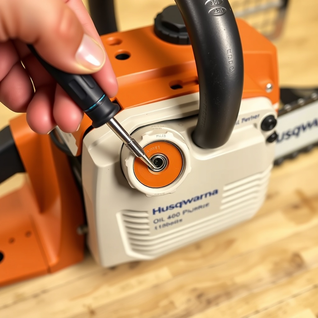 <clean photorealistic photo of a hand holding a flathead screwdriver adjusting the oil pum