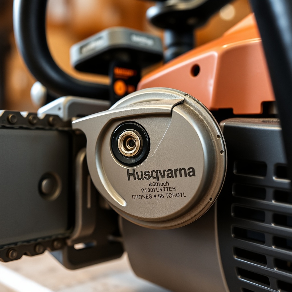 A close-up photorealistic photo of a Husqvarna 460 Rancher's chain brake handle in the rel