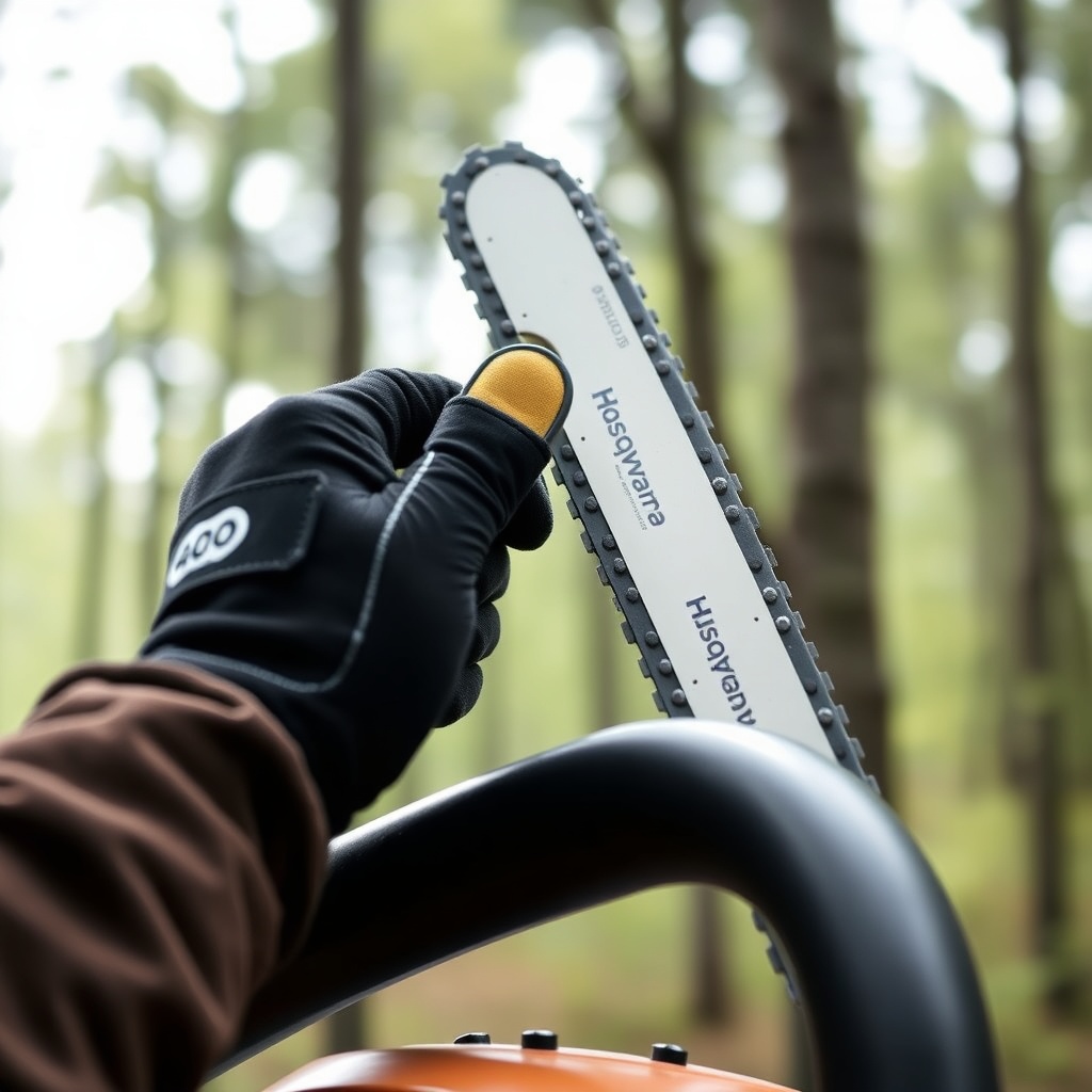 A photorealistic photo of a hand in a cut-resistant glove operating the chain brake handle
