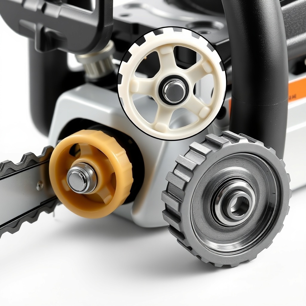 <clean photorealistic photo/illustration of a chainsaw bar and tensioner assembly showing