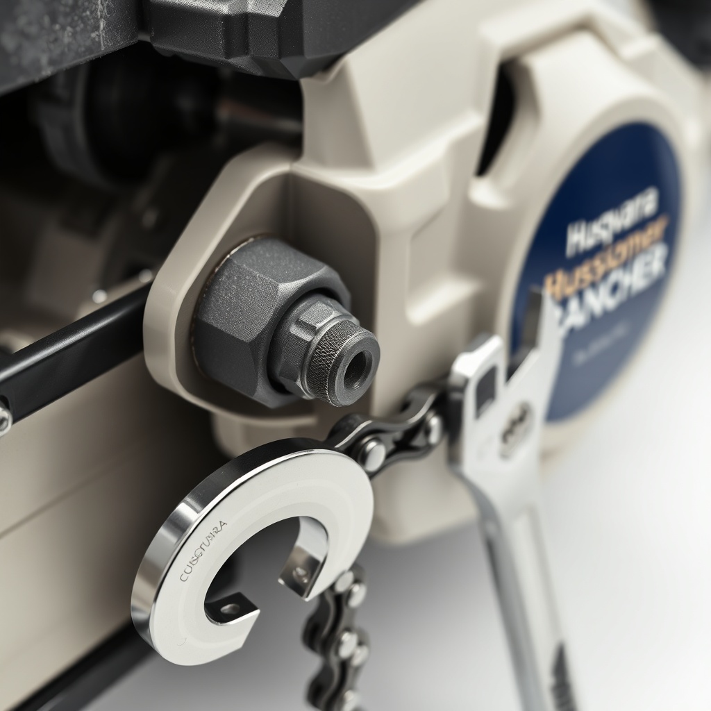 Close-up photo of a Husqvarna 460 Rancher side cover with two bar nuts partially loosened
