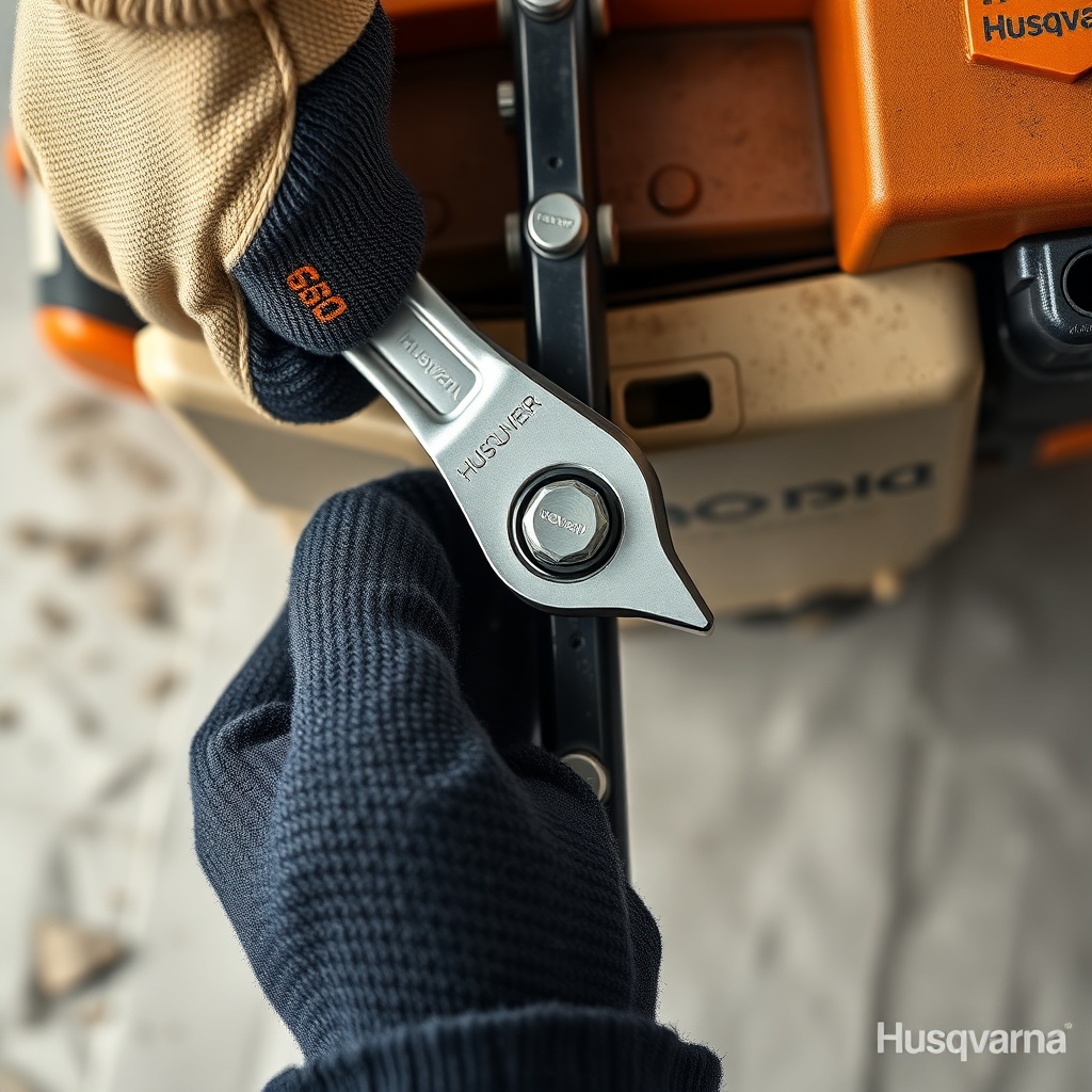 Photorealistic overhead shot of hands wearing gloves using a combination wrench to turn th