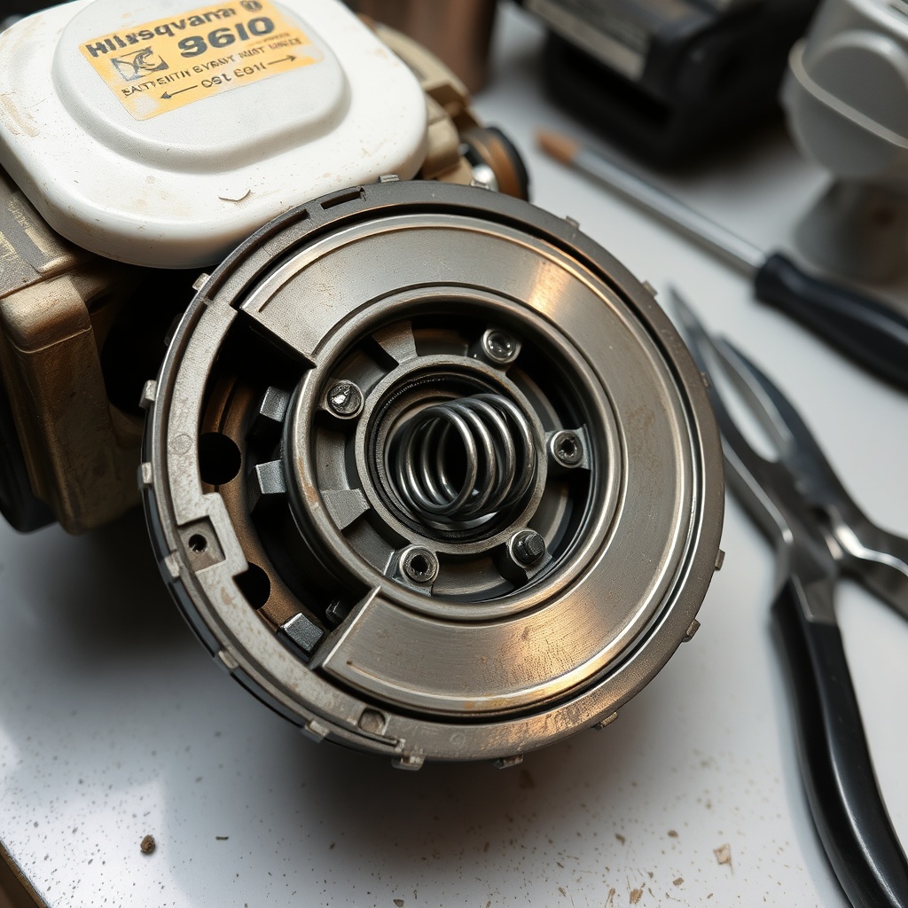 Close-up of a disassembled Husqvarna 460 Rancher clutch drum with a broken spring visible