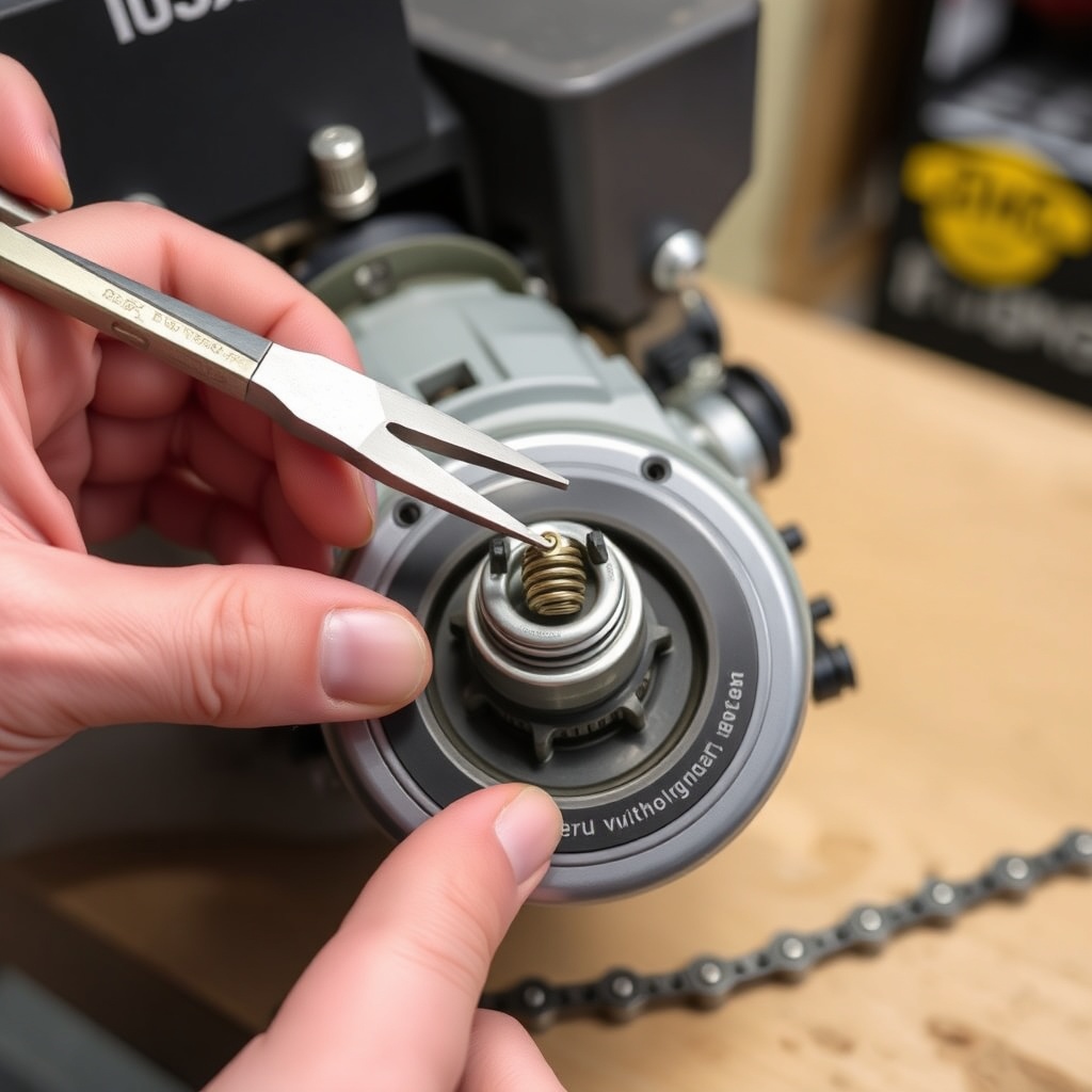 Step-by-step photo showing needle-nose pliers guiding a new clutch spring into place on a