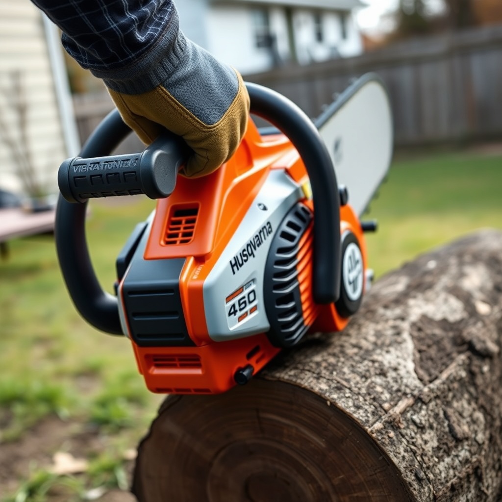 A clean photorealistic photo of a Husqvarna 460 Rancher being held by a gloved hand in a r