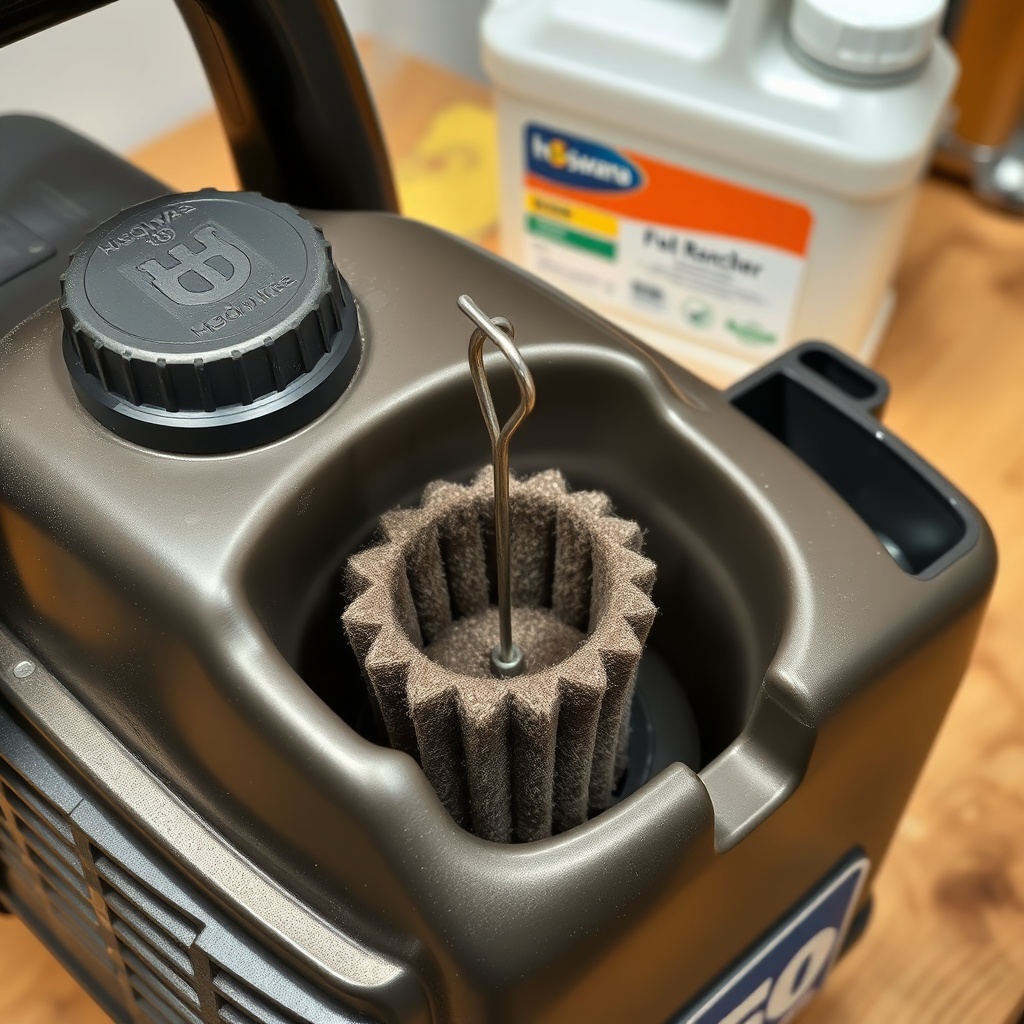 A photorealistic close-up of a Husqvarna 460 Rancher fuel tank with the cap removed