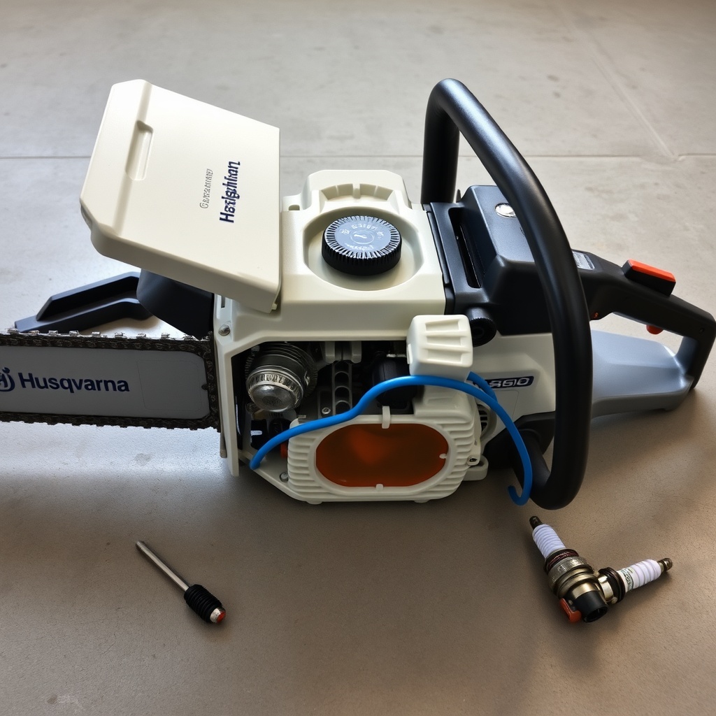 A photorealistic image of a Husqvarna 460 Rancher chainsaw lying on a garage floor