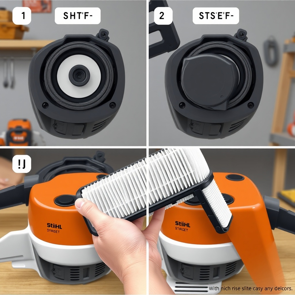 A step-by-step photorealistic illustration showing the removal of the air filter from a St