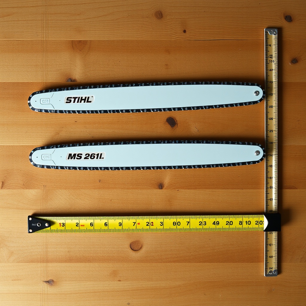 A photorealistic top-down view of three Stihl MS 261 C-M guide bars laid side by side: 16-