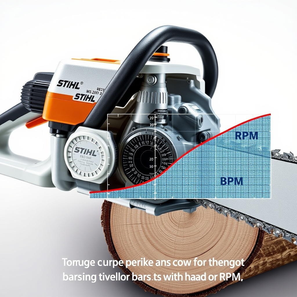 A photorealistic illustration showing a cutaway of Stihl MS 261 C-M engine with torque cur