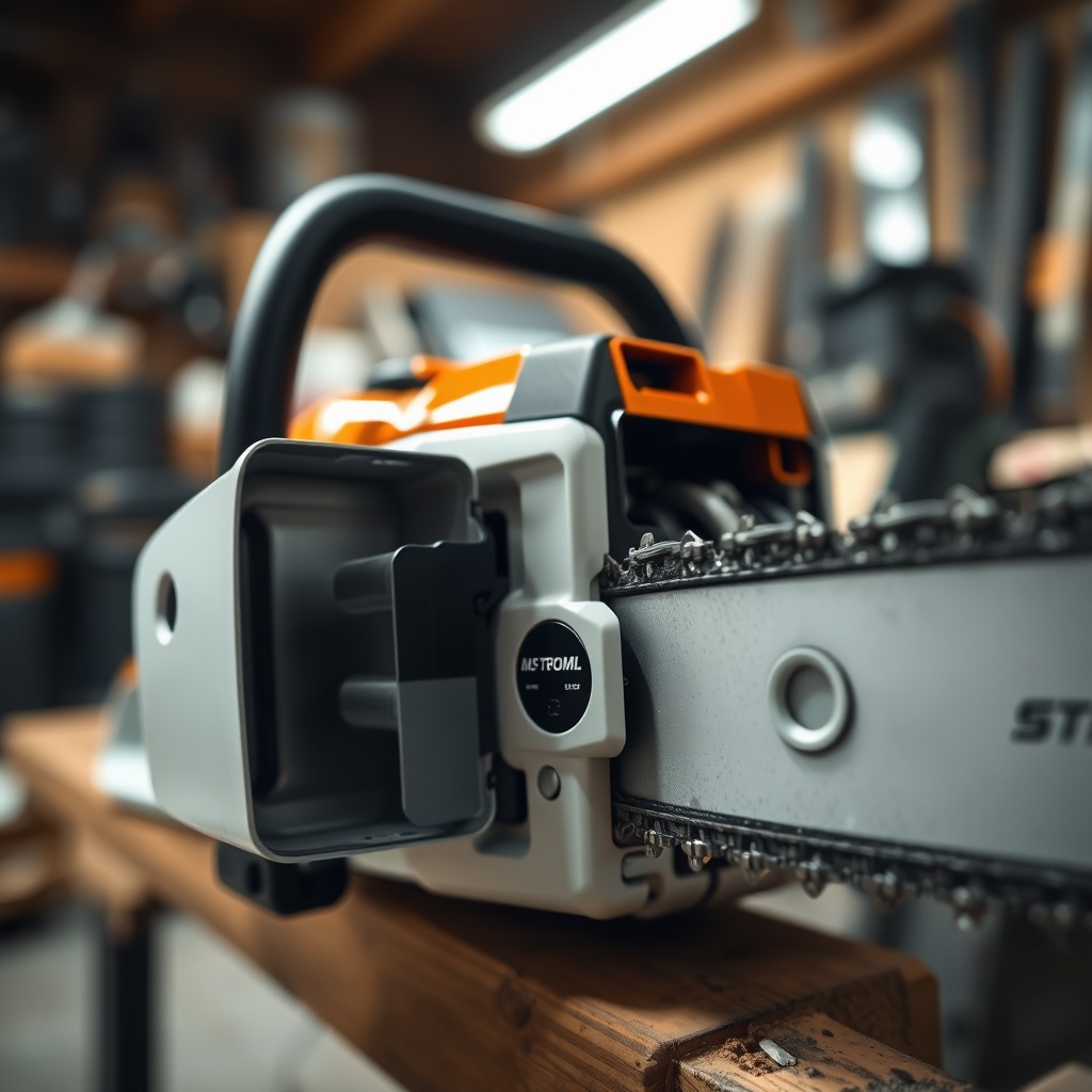 A clean photorealistic photo of a Stihl MS 261 C-M chainsaw in a workshop setting