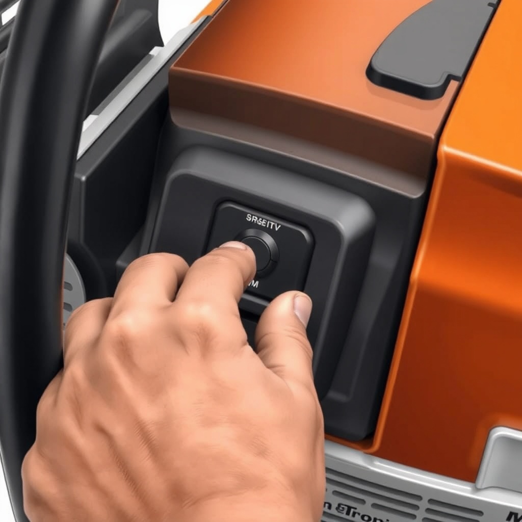A detailed photorealistic illustration showing a user's hand pressing a small button on th